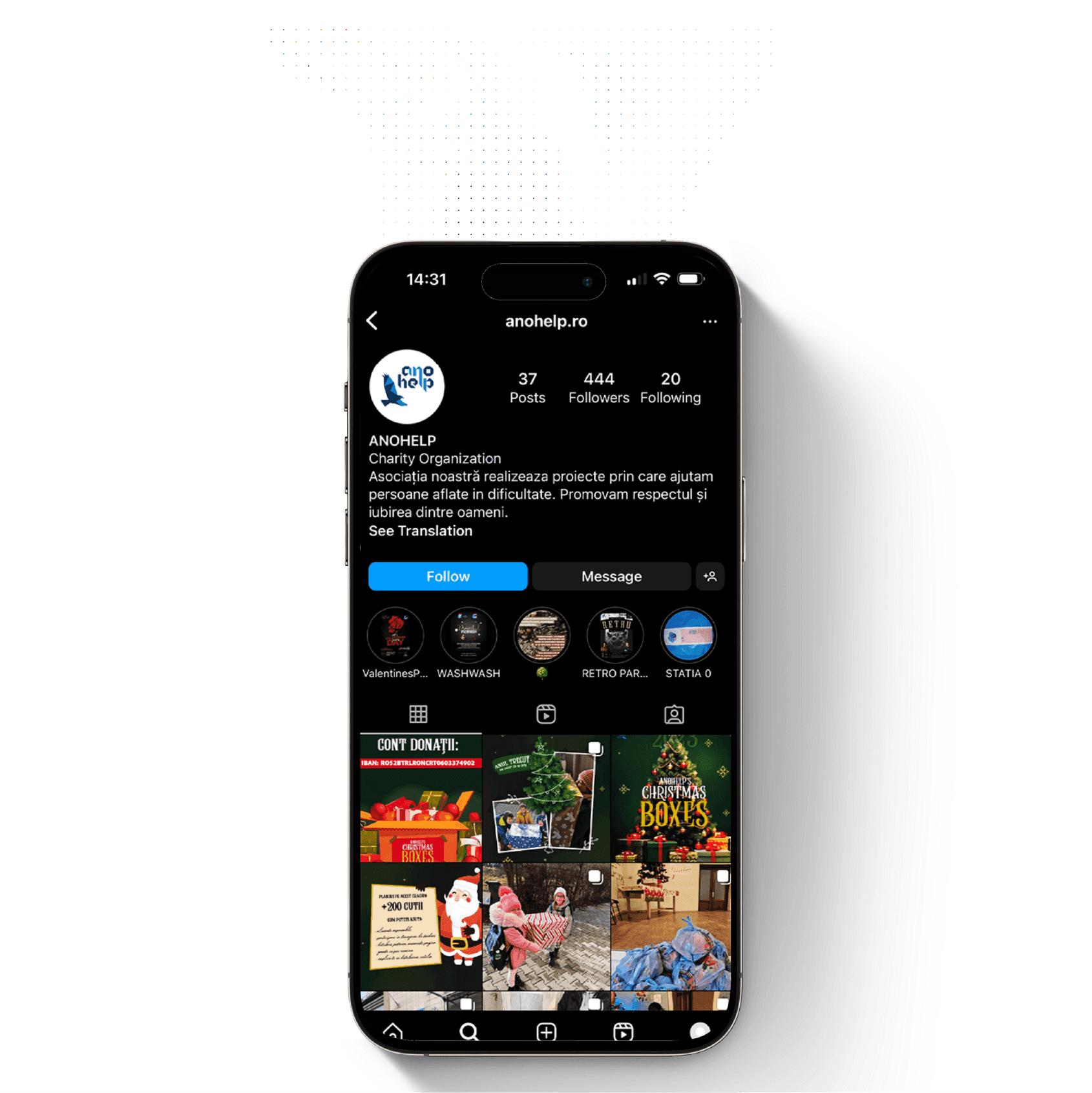 Profilul de Instagram al asociației AnaHelp, afișat pe ecranul unui telefon